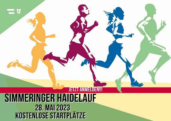 4 Läufer:innen und im Vordergrund tshet "JETZT ANMELDEN!!! Simmeringer Haidelauf; 28. Mai 2023 Kostenlose Startplätze"!
