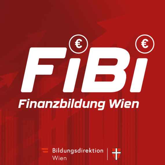 Logo "FiBi Finanzbildung Wien" weiße Schrift vor rotem Hintergrund