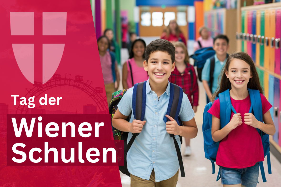 Kinder mit Rucksäcken gehen durch eine Schule. Die Grafik kündigt den „Tag der Wiener Schulen“ an.