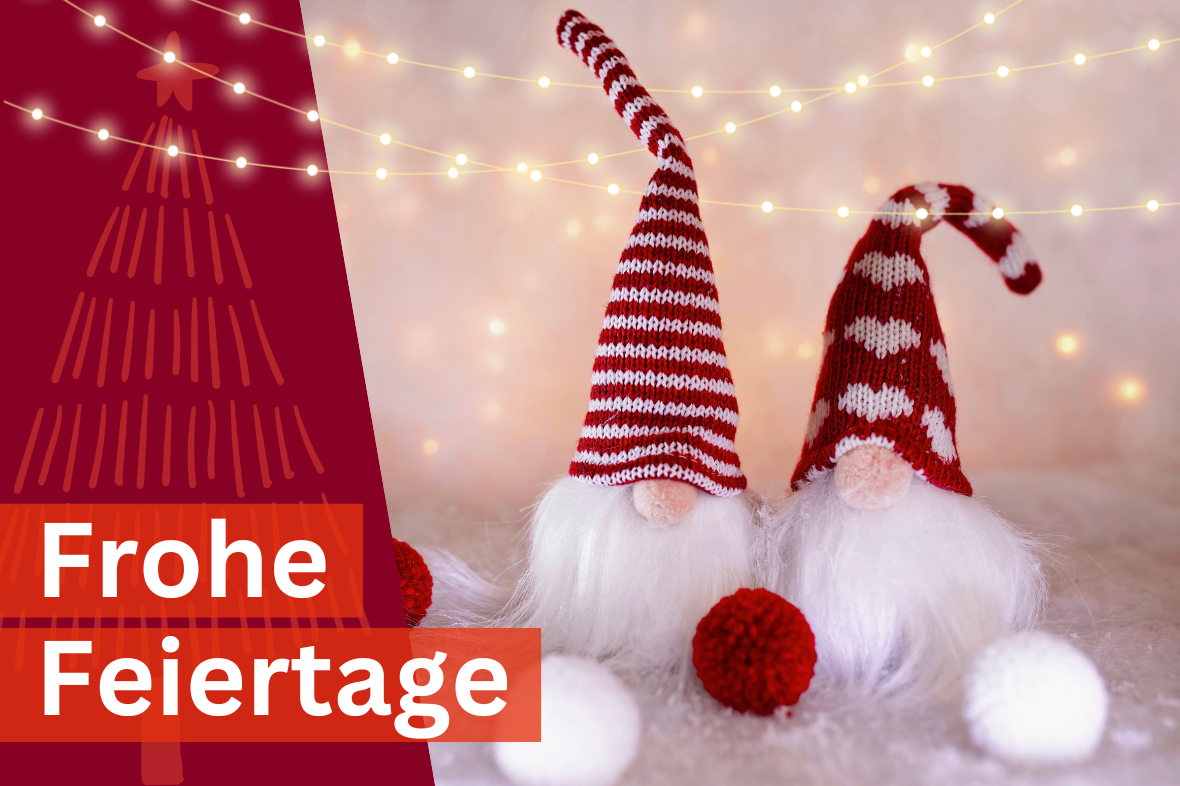 zwei Wichtel nebeneinander Text: Frohe Feiertage